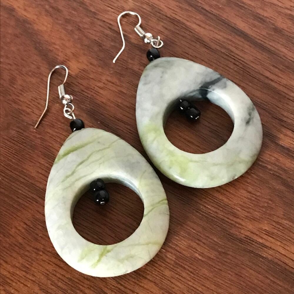 Artisan semiprecious gray / green streaked natural stone dangle earrings